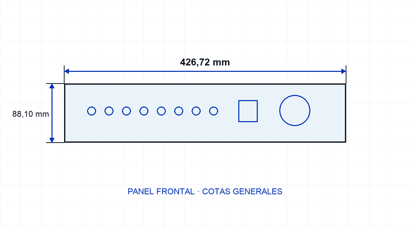 Plano del panel frontal de ATB Audio Tools 2.0 con cotas principales