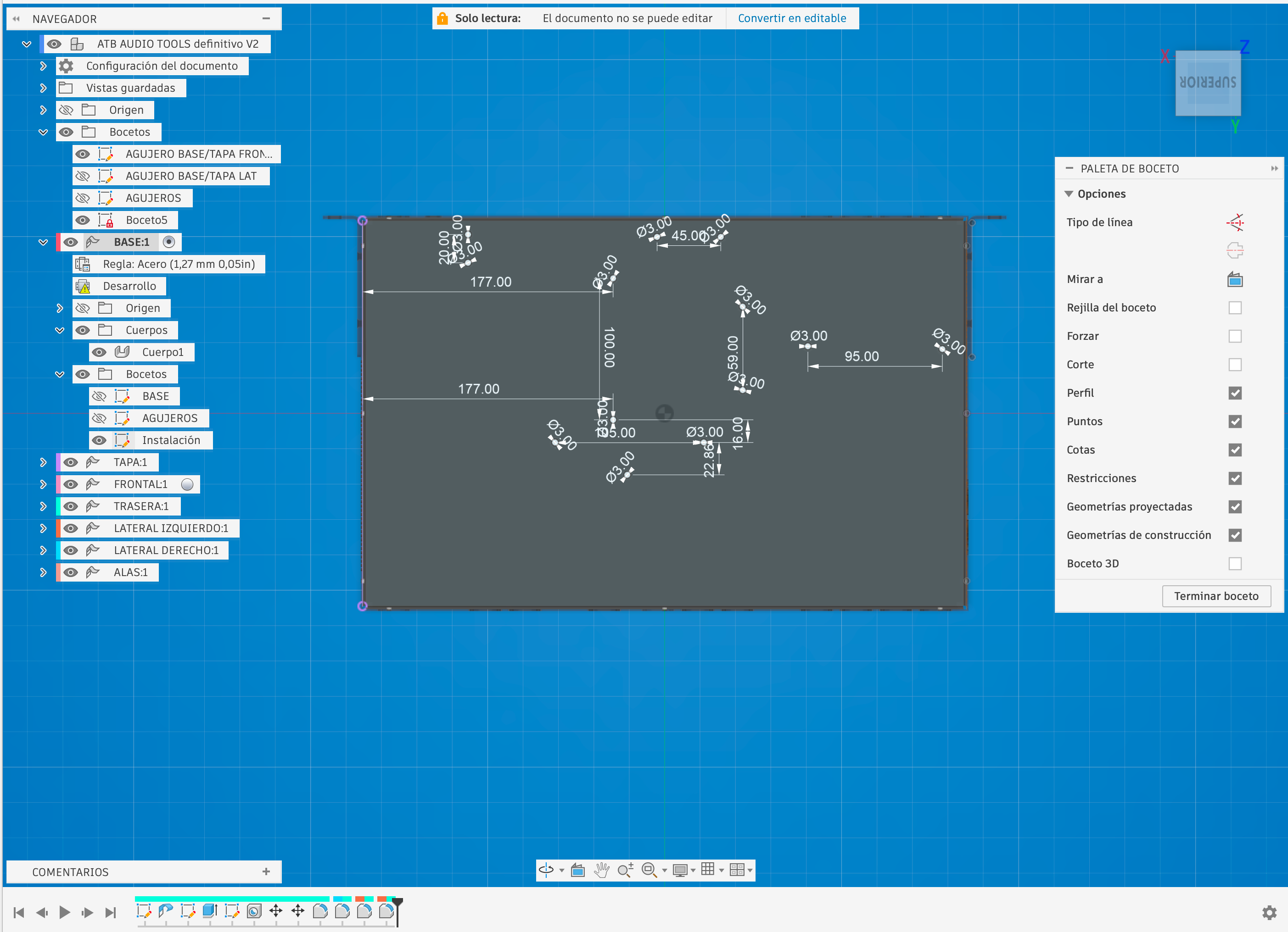 Boceto con cotas del diseño ATB Audio Tools 1.0 en Fusion 360