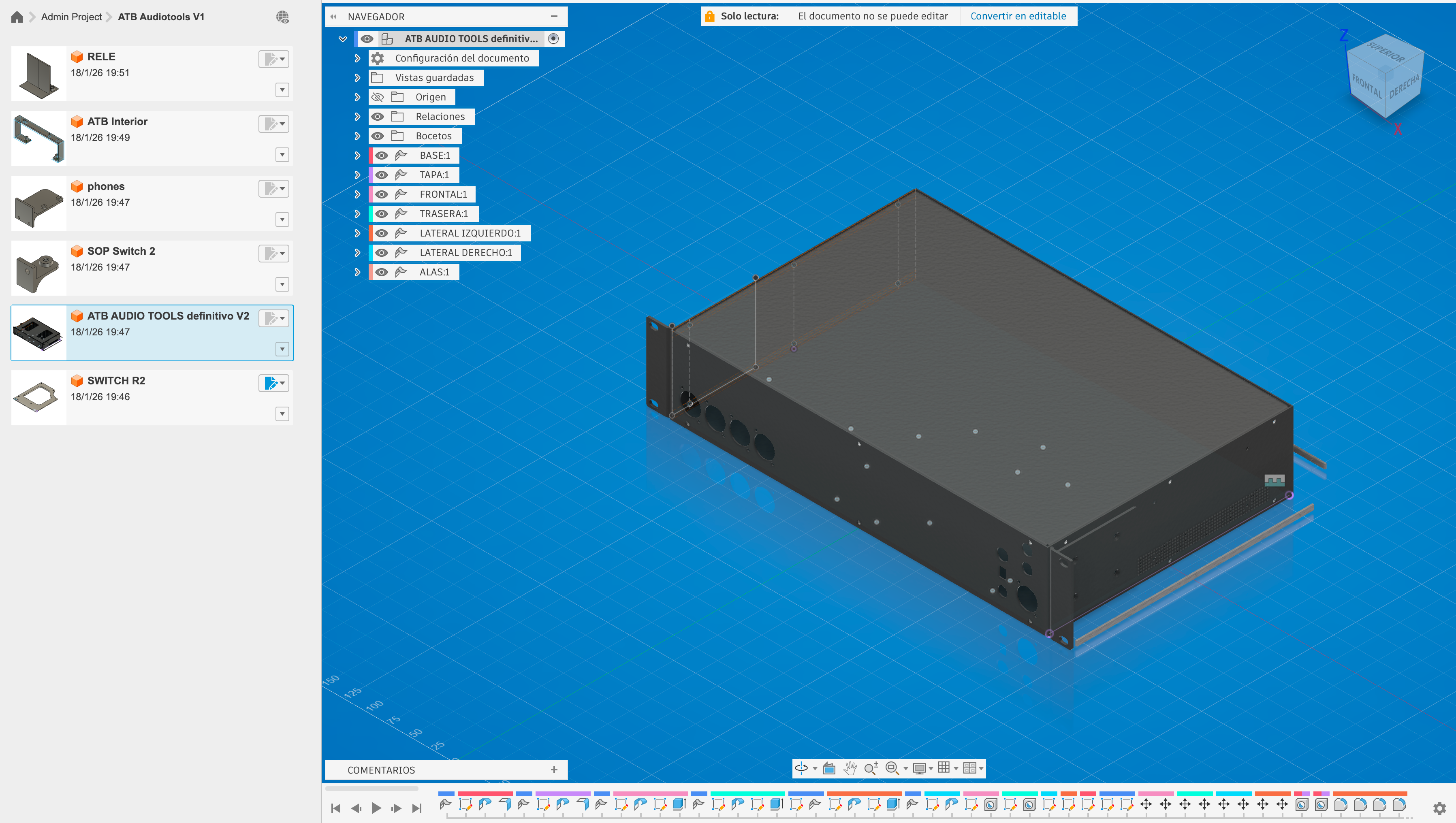 Diseño 3D en Fusion 360 del chasis ATB Audio Tools 1.0